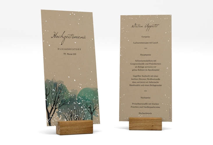 Menükarte Hochzeit Winterhochzeit lange Karte hoch Kraftpapier hochglanz