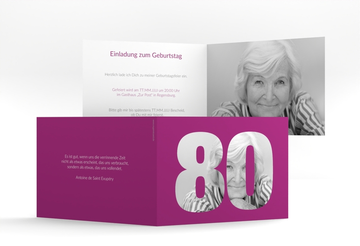 Einladung 80. Geburtstag Numbers A6 Klappkarte quer pink