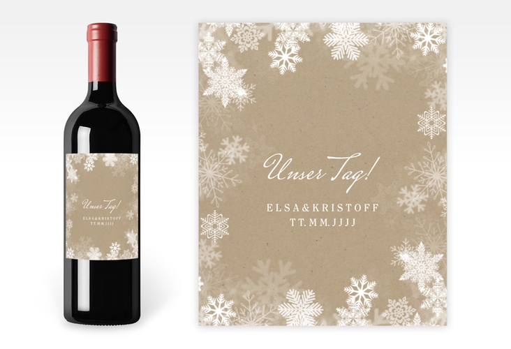 Weinetikett zur Hochzeit Snowfall Etikett Weinflasche 4er Set Kraftpapier mit Schneeflocken für Winterhochzeit