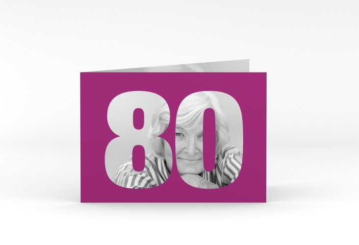 Einladung 80. Geburtstag Numbers A6 Klappkarte quer pink hochglanz