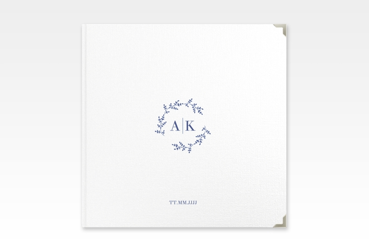 Gästebuch Selection Hochzeit Filigrana Leinen-Hardcover blau in reduziertem Design mit Initialen und zartem Blätterkranz
