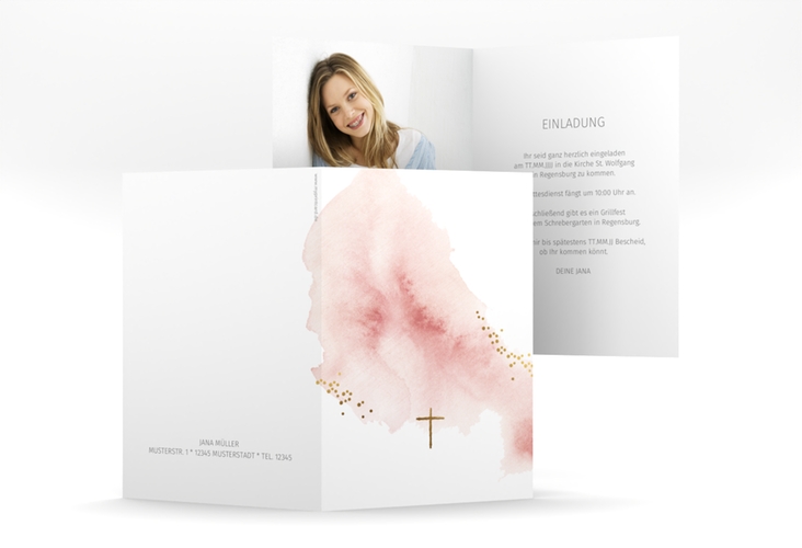 Konfirmationseinladung Sacrament A6 Klappkarte hoch rosa in elegantem Aquarell-Look