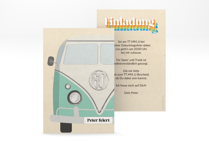 Einladung 60. Geburtstag Retrobus A6 Karte hoch bunt