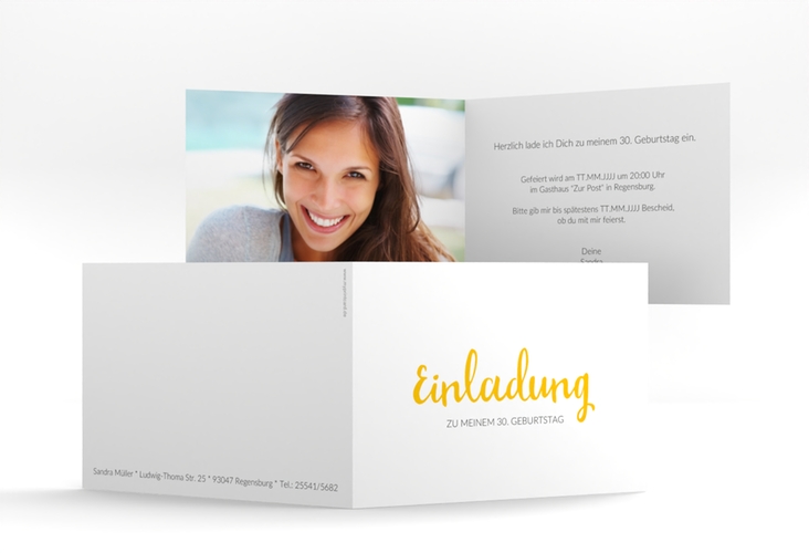 Einladung Geburtstag Handwriting A6 Klappkarte quer gelb