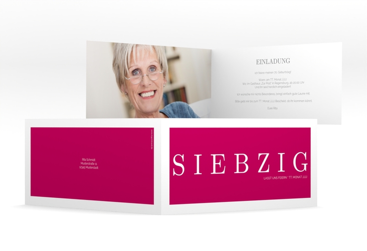 Einladung 70. Geburtstag Schlicht lange Klappkarte quer pink