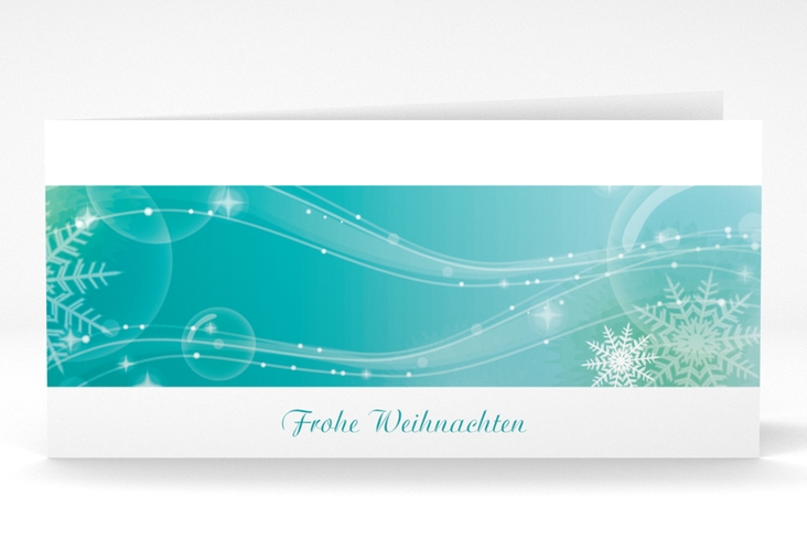 Business-Weihnachtskarte Schneehauch lange Klappkarte quer tuerkis hochglanz mit Eisblume und Farbverlauf