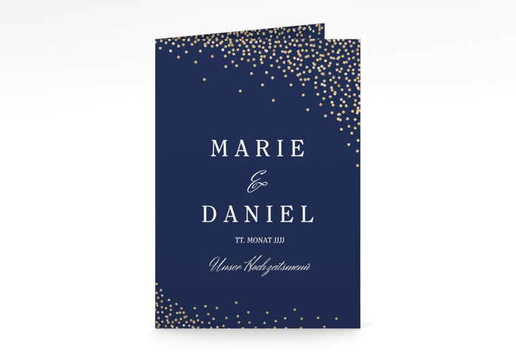Menükarte Hochzeit Glitter A5 Klappkarte hoch blau hochglanz