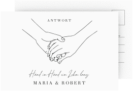 Klick: Details zu Antwortkarte Hochzeit "Hands" anzeigen Antwortkarte Hochzeit Hands A6 Postkarte weiss mit sich haltenden Händen im Monoline-Stil