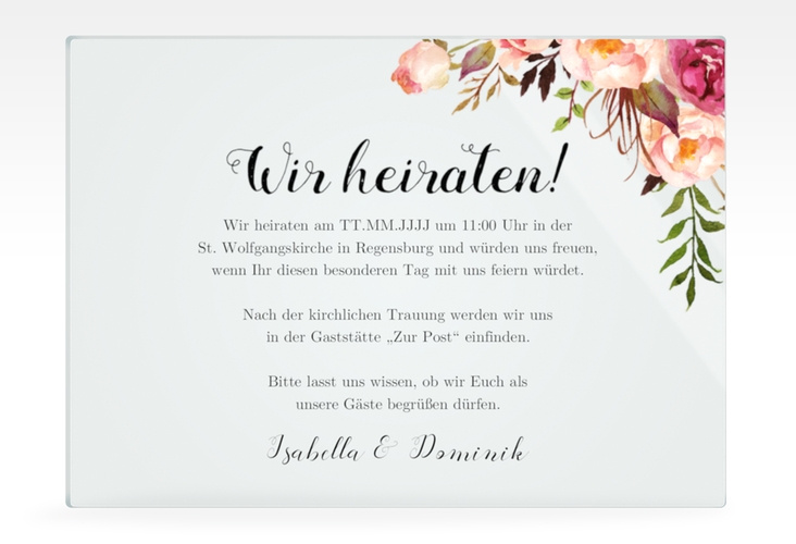 Acryl-Hochzeitseinladung Flowers Acrylkarte quer hochglanz mit bunten Aquarell-Blumen