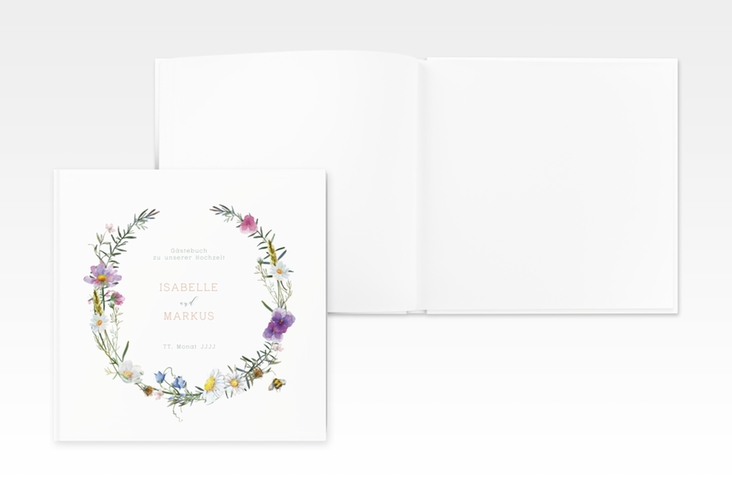 Gästebuch Creation Blumengarten 20 x 20 cm, Hardcover weiss mit Blumenkranz und Hummel