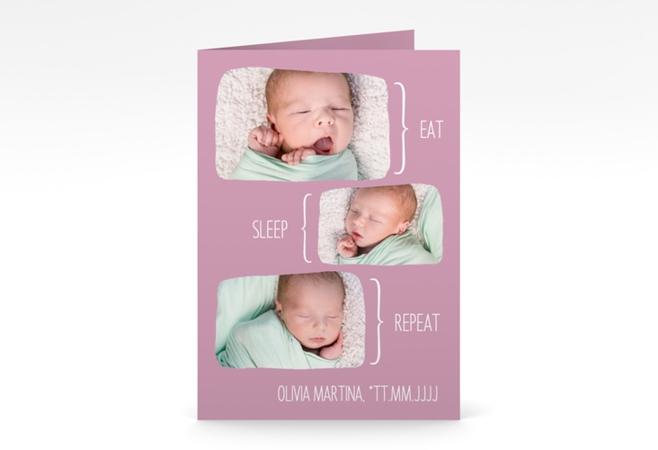 Geburtskarte Sleepy A6 Klappkarte hoch rosa hochglanz