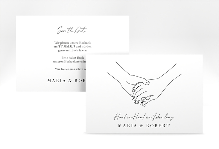 Save the Date-Karte Hands A6 Karte quer mit sich haltenden Händen im Monoline-Stil