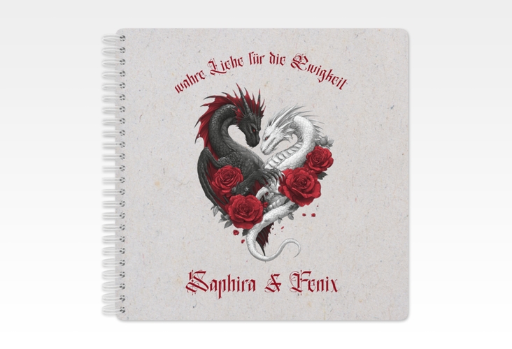 Gästebuch Hochzeit Drachenliebe Ringbindung grau mit schwarzem und weißem Drachen zu einem Herz verschlungen
