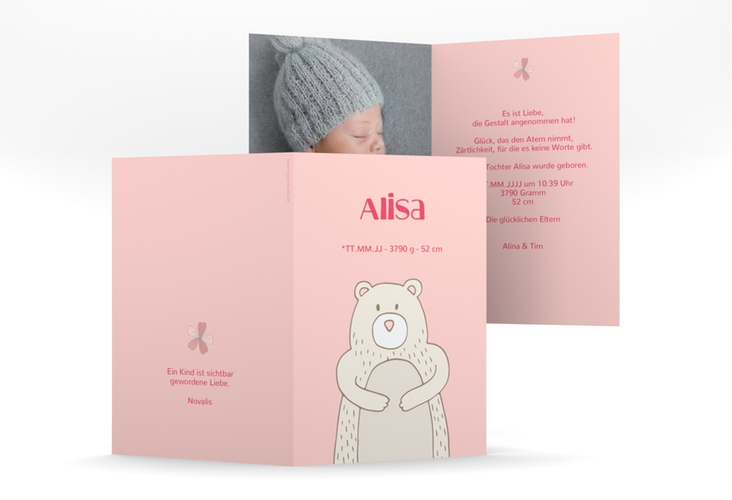 Geburtskarte Bear A6 Klappkarte hoch rosa
