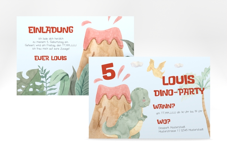 Einladungskarte Kindergeburtstag Dinoparty A6 Karte quer lustig mit T-Rex und Foto