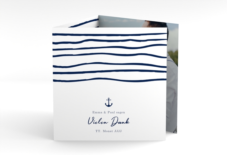 Danksagungskarte Hochzeit Liebesanker quadr. Doppel-Klappkarte mit maritimem Streifenmuster und kleinem Anker