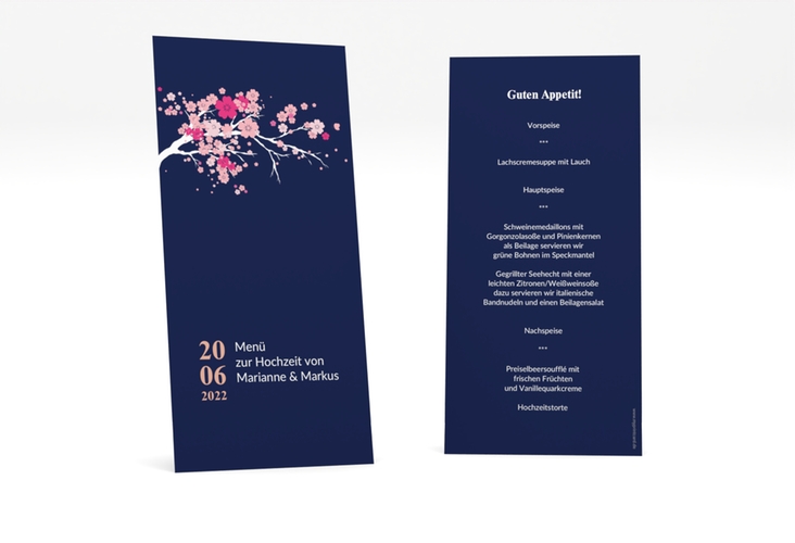 Menükarte Hochzeit Sakura lange Karte hoch blau