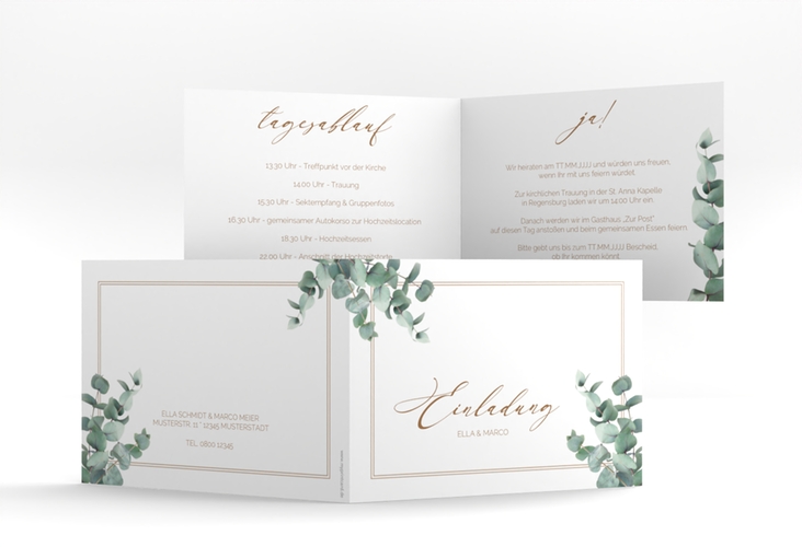 Hochzeitseinladung Eucalypt A6 Klappkarte quer hochglanz mit Eukalyptus und edlem Rahmen