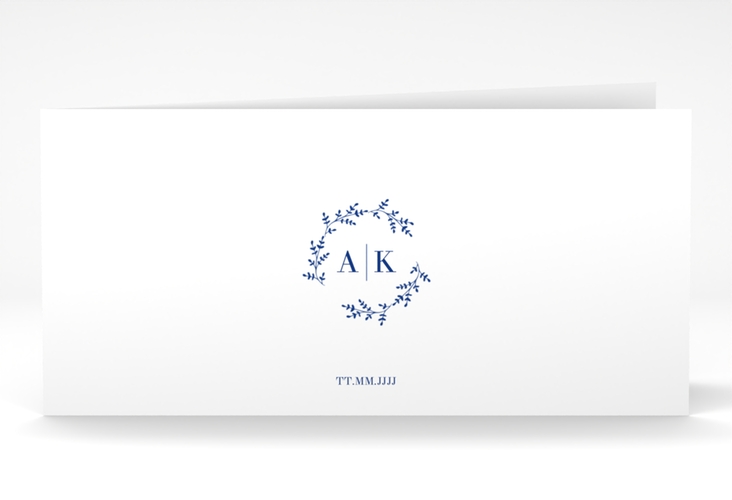 Dankeskarte Hochzeit Filigrana lange Klappkarte quer blau hochglanz in reduziertem Design mit Initialen und zartem Blätterkranz