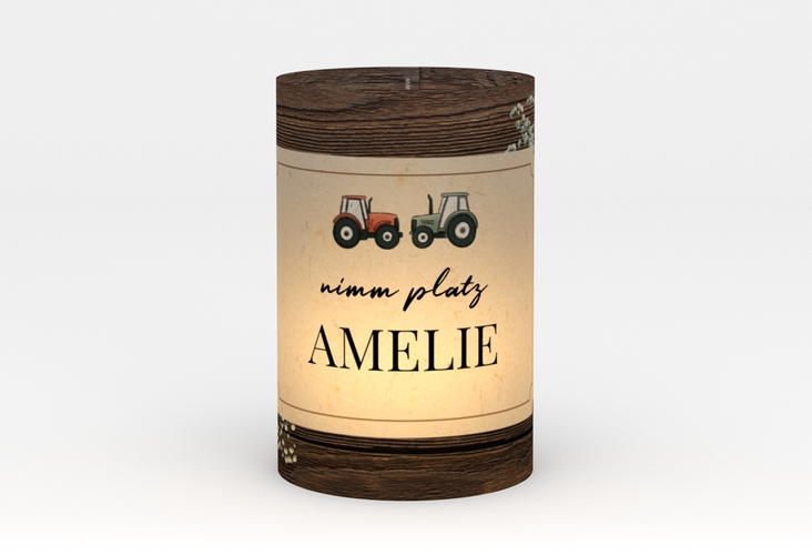 Windlicht Hochzeit Bauernhochzeit Windlicht in rustikaler Holz-Optik mit Schleierkraut und zwei kleinen Traktoren