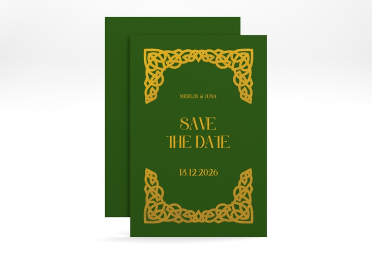 Save the Date-Karte Celtic A6 Karte hoch gruen hochglanz mit keltischem Knoten in irischen Farben