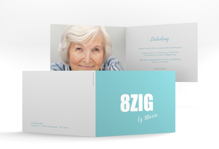 Einladung 80. Geburtstag Zig A6 Klappkarte quer tuerkis