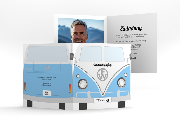 Einladung 50. Geburtstag Bulli Bus quadr. Klappkarte