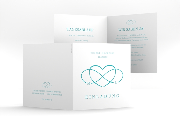 Hochzeitseinladung Infinity quadr. Klappkarte tuerkis hochglanz