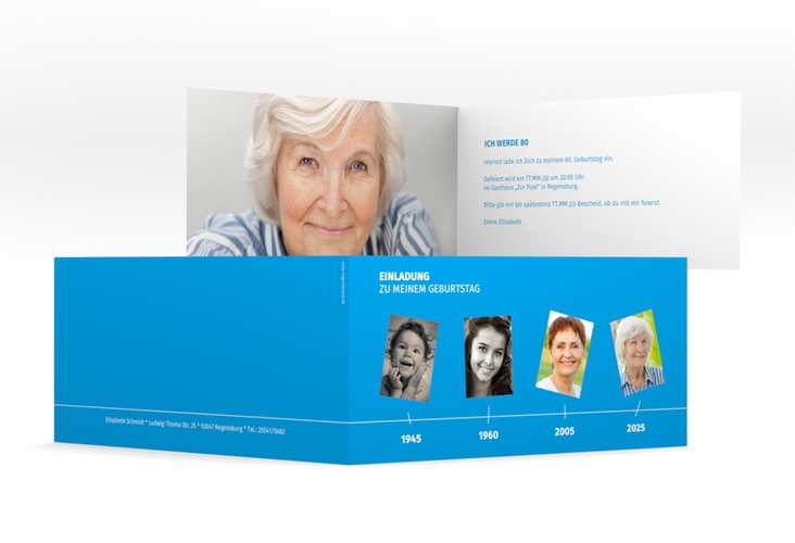 Einladung 80. Geburtstag Timeline lange Klappkarte quer blau hochglanz