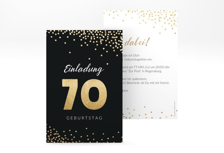 Einladung 70. Geburtstag Glitzer A6 Karte hoch gold