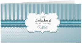Einladung 80. Geburtstag Heinrich/Henriette lange Klappkarte quer blau mit frechen Polka Dots