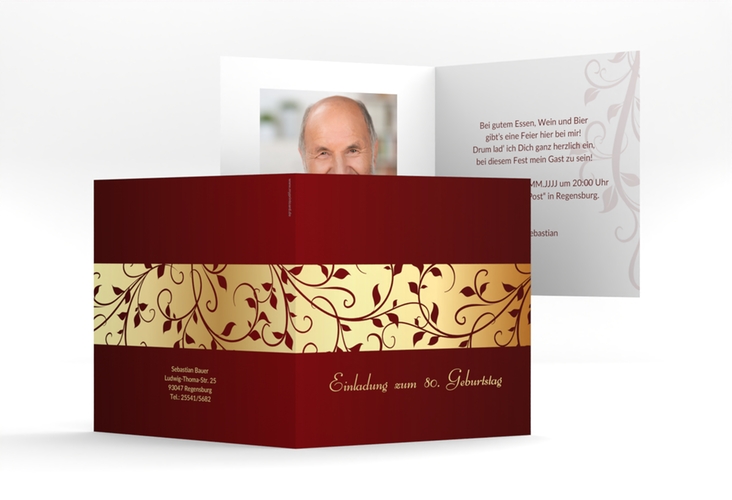 Einladung 80. Geburtstag Hermann/Hermine quadr. Klappkarte gold