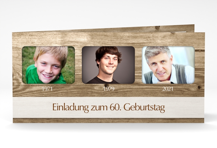 Einladung 60. Geburtstag Michael/Michaela lange Klappkarte quer im rustikalen Holz-Design mit Foto