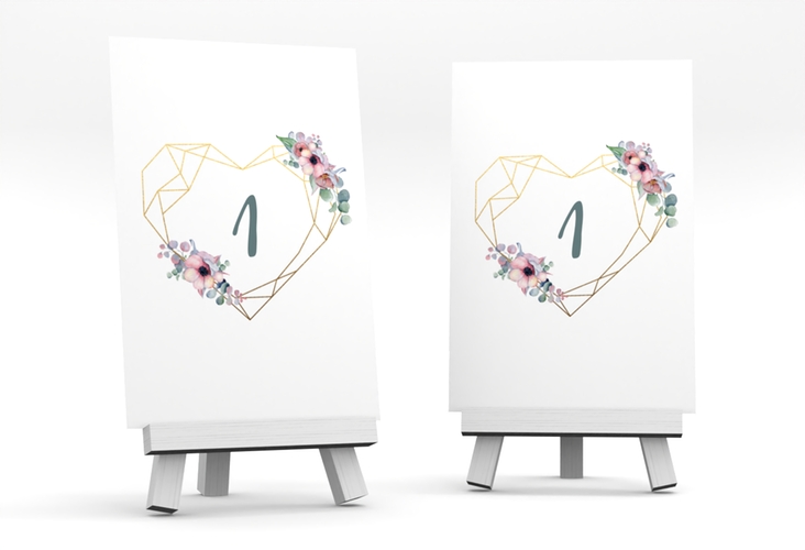 Tischnummer Hochzeit Herzgold Tischaufsteller weiss hochglanz