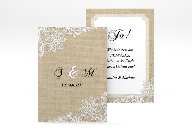 Save the Date-Visitenkarte Lace Visitenkarte hoch beige in Leinen-Optik mit weißer Spitze