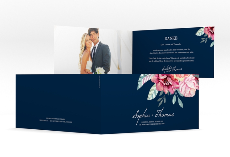 Dankeskarte Hochzeit"Blooming" lange Klappkarte quer blau