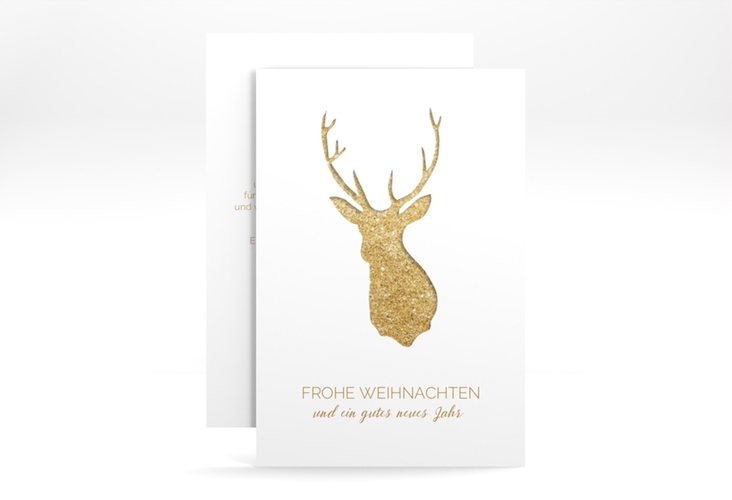Geschäftliche Weihnachtskarte Deer A6 Karte hoch gold hochglanz und weiß mit Hirsch