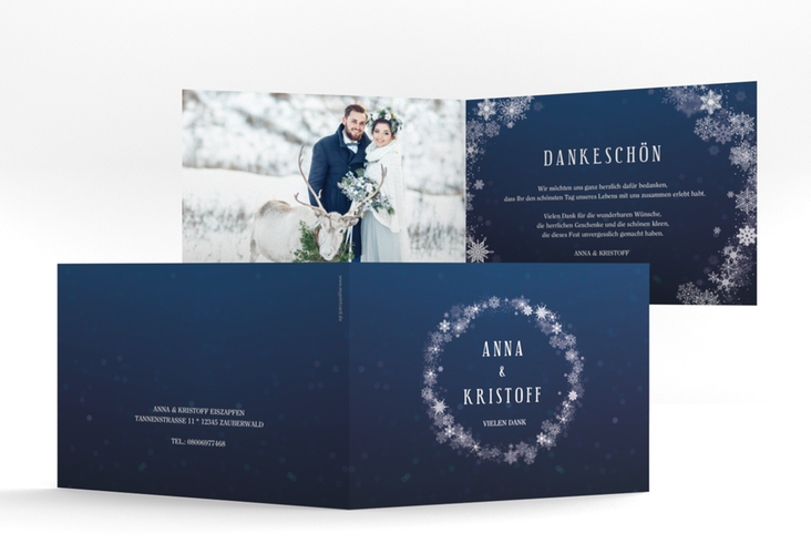 Danksagungskarte Hochzeit Winterdream A6 Klappkarte quer blau hochglanz mit Eisblumen