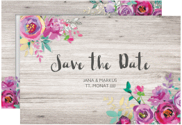 Klick: Details zu Save the Date-Karte "Flourish" anzeigen Save the Date-Karte Flourish A6 Karte quer weiss mit floraler Bauernmalerei auf Holz