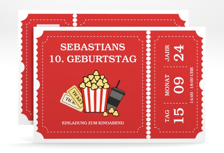 Einladungskarte Kindergeburtstag Kino A6 Karte quer rot hochglanz