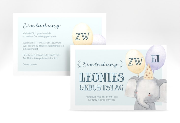 Einladungskarte Kindergeburtstag Elefant A6 Karte quer mint in Aquarell-Optik