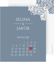 Klick: Details zu Save the Date-Kalenderblatt "Vintage" anzeigen Save the Date-Kalenderblatt Vintage Kalenderblatt-Karte blau mit floraler Spitze