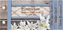 Klick: Details zu Danksagungskarte Hochzeit "Bayern" anzeigen Danksagungskarte Hochzeit Bayern Booklet blau mit Edelweiß in rustikaler Holz-Optik