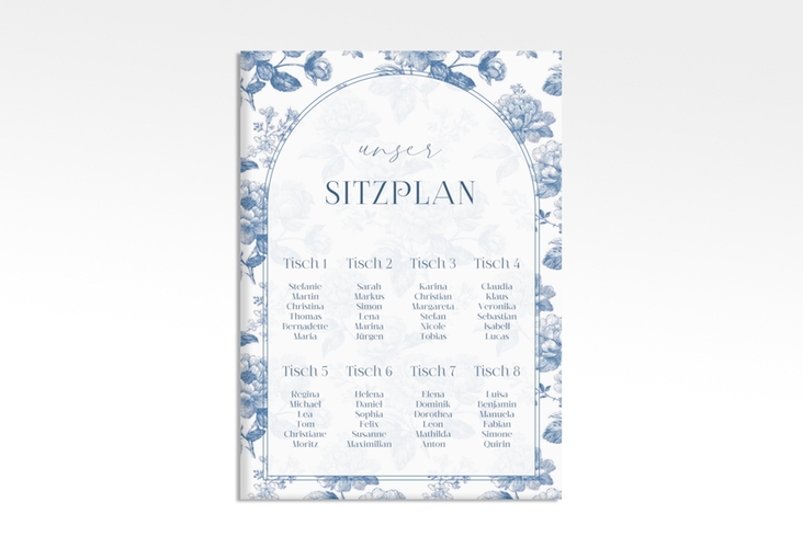 Sitzplan Leinwand Hochzeit Blue Floral 50 x 70 cm Leinwand mit blauem Blumenmuster auf weißem Grund