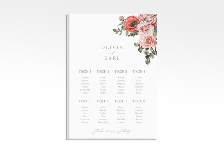 Sitzplan Leinwand Hochzeit Grazioso 50 x 70 cm Leinwand weiss modern mit Mohnblumen und Rosen