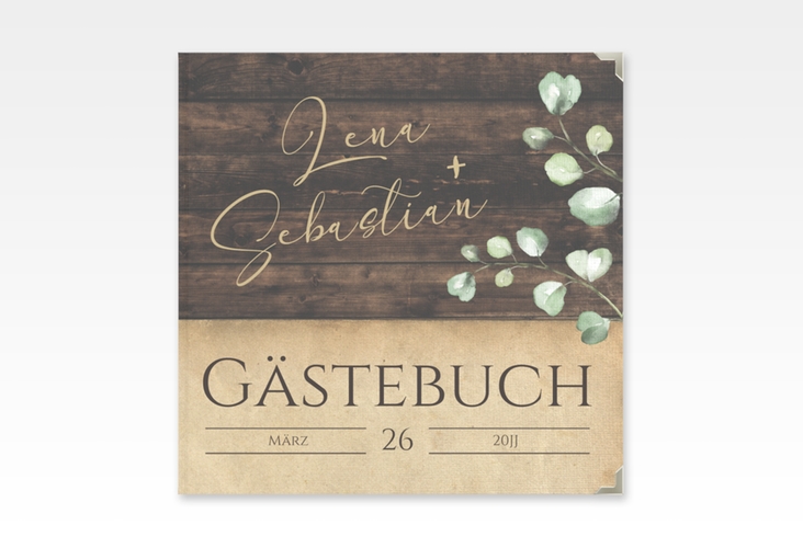 Gästebuch Selection Hochzeit Landhaus Leinen-Hardcover braun in Holz-Optik mit Eukalyptus