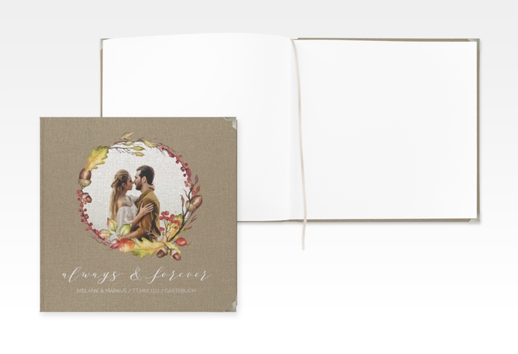 Gästebuch Selection Hochzeit Herbstlich Leinen-Hardcover Kraftpapier mit Eichenkranz und Foto