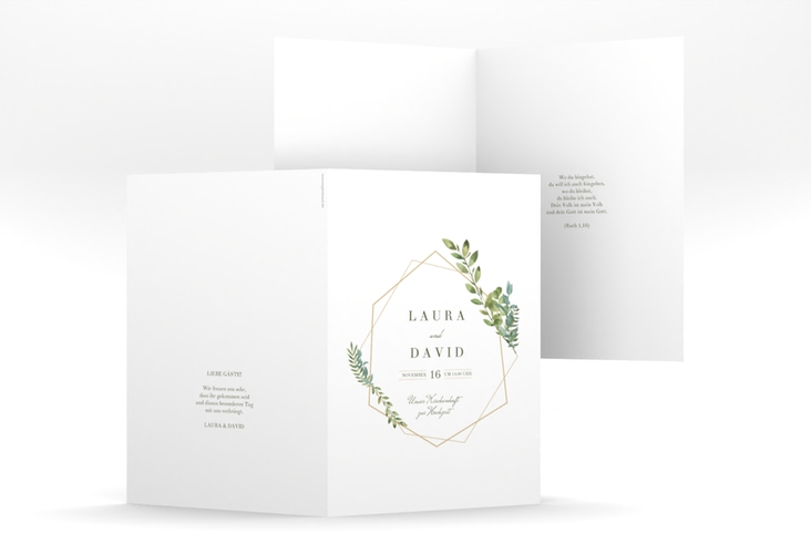 Kirchenheft Hochzeit Herbarium A5 Klappkarte hoch mit geometrischem Rahmen und Blätter-Dekor