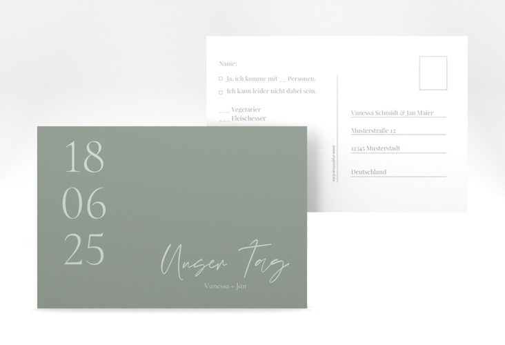 Antwortkarte Hochzeit Day A6 Postkarte gruen hochglanz mit Datum im minimalistischen Design