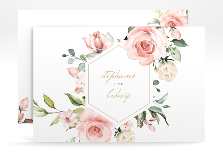 Change the Date-Karte Graceful A6 Karte quer weiss mit Rosenblüten in Rosa und Weiß